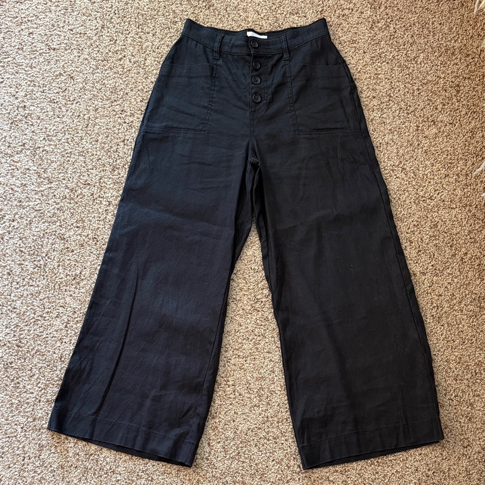 Women’s Linen Black Wide-Leg Button Front Cropped Pants